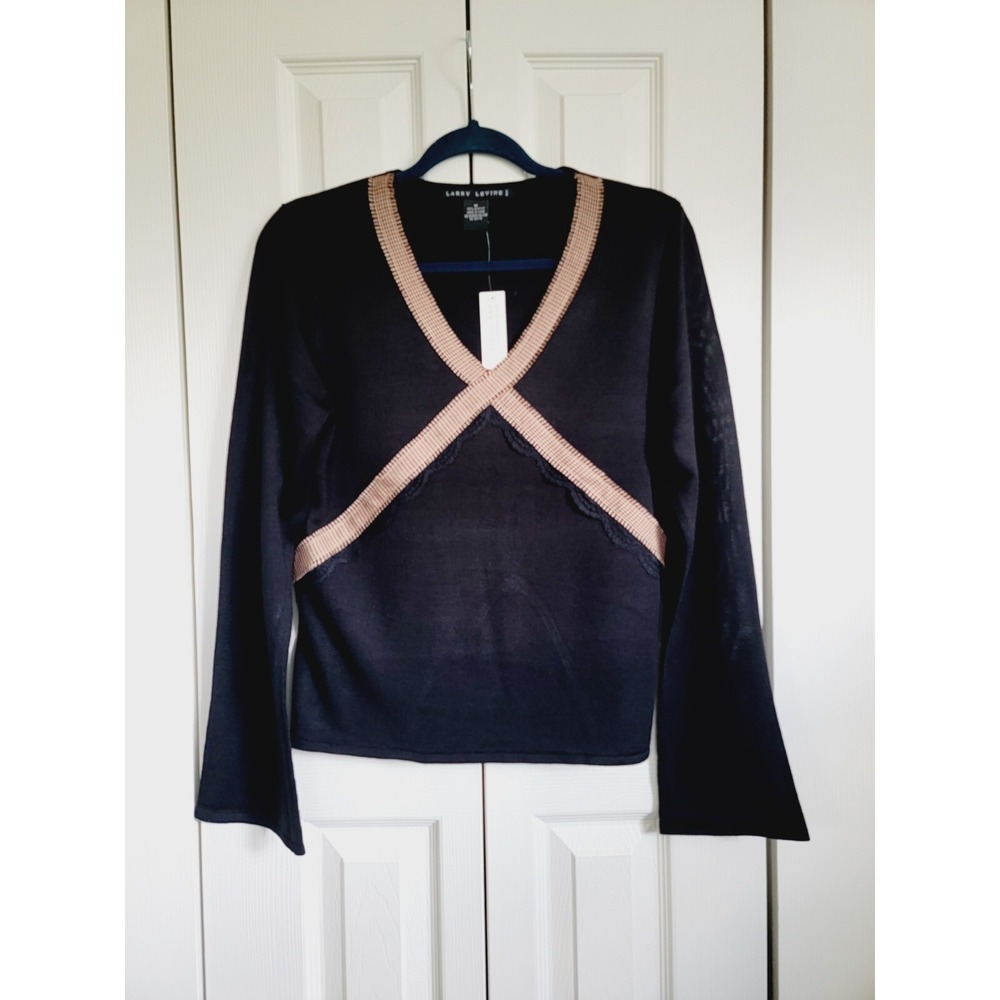 Larry Levine M Sweater Women's Black Long Sleeve Brown V Neck NWT $50RV‎